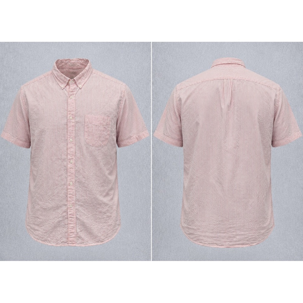 J.Crew Shirt Mens L Pink Striped Classic Fit Seersucker Short Sleeve Button Down